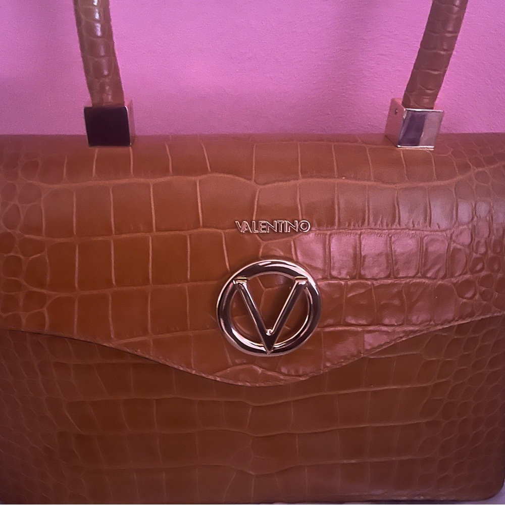 Valentino Brown Croc-Embossed Shoulder Bag